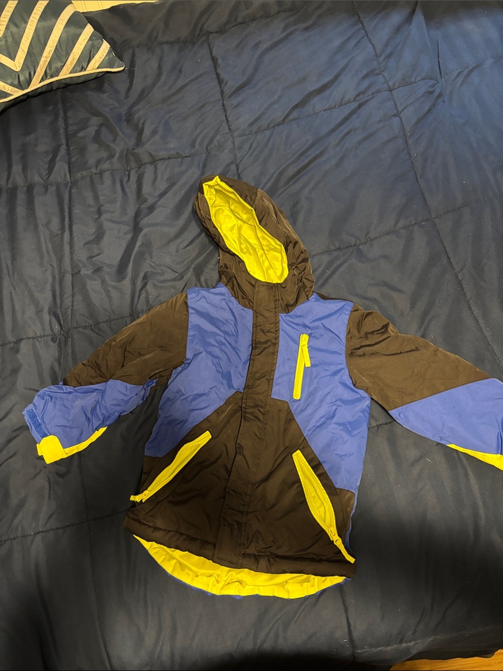 Place Kids Hooded Puffer Jacket in Blue, Brown & Yellow